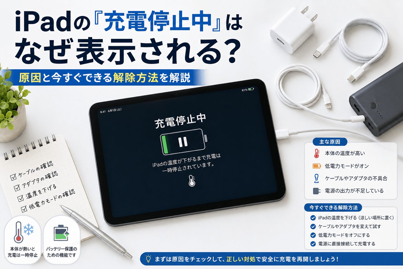 iPadの「充電停止中」はなぜ表示される？原因と今すぐできる解除方法を