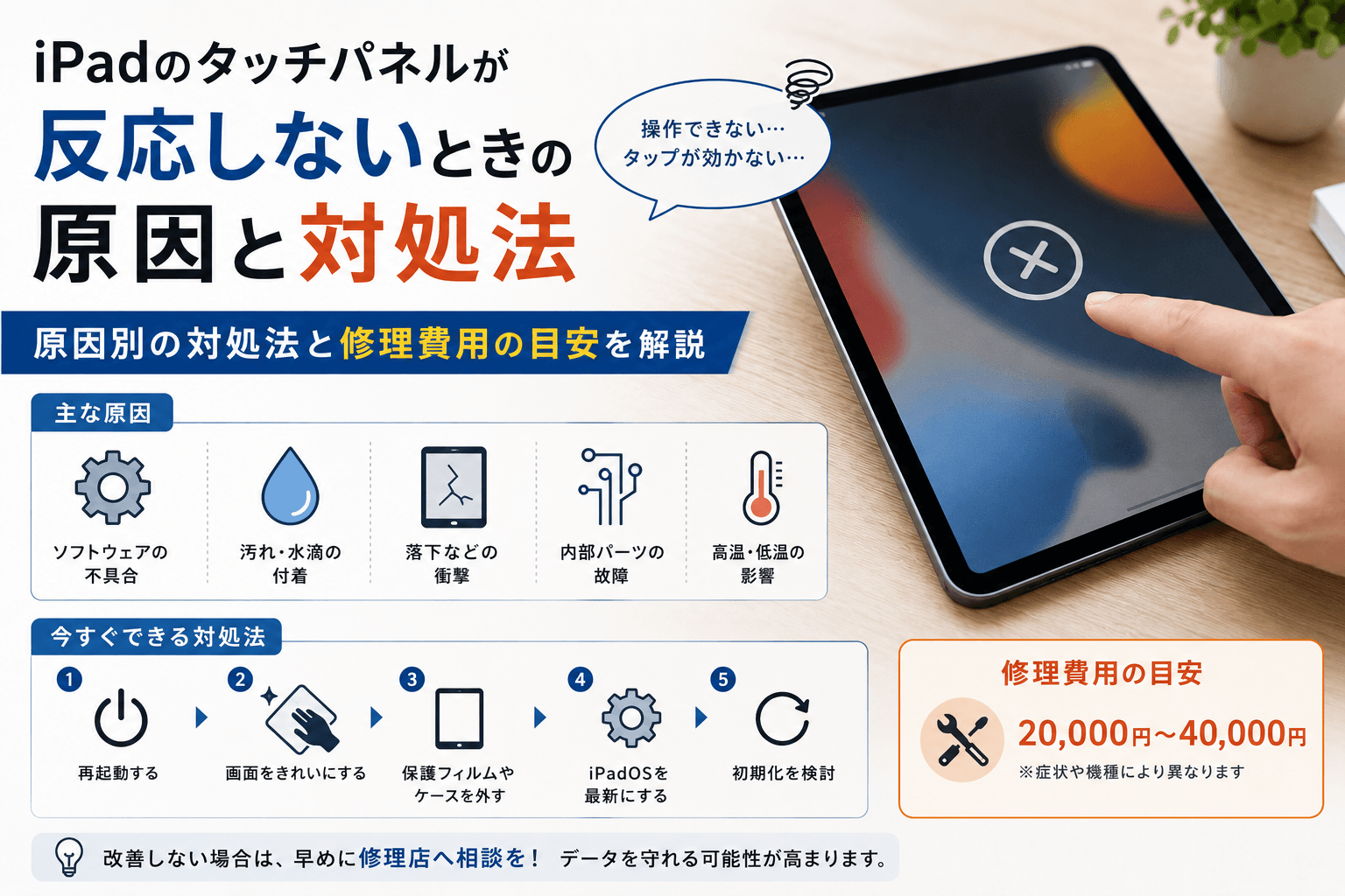 iPadのタッチパネルが反応しないときの原因と対処法｜修理費用の目安も