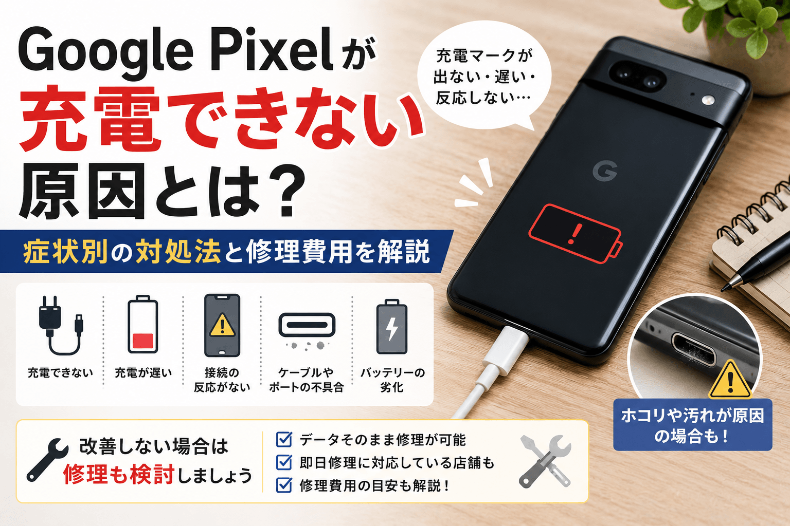 Google Pixelが充電できない原因とは？症状別の対処法と修理費用を解説